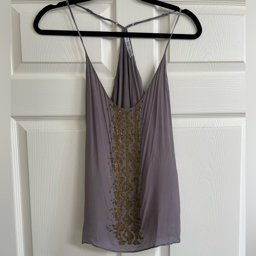 Chelsea Flower Gray Racerback Top with Gold Beading